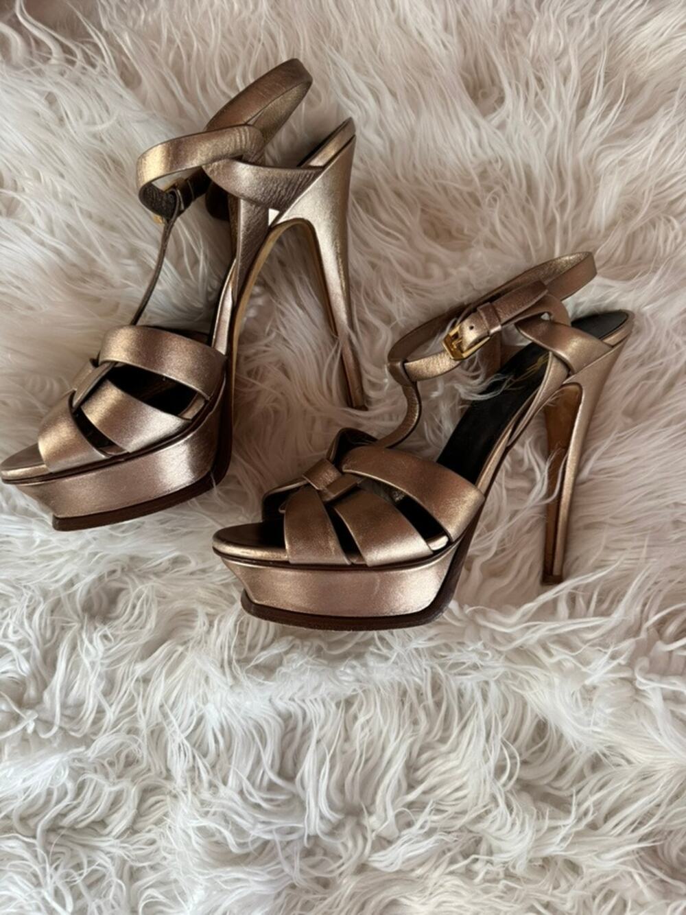 YSL Tribute Sandals RARE Rose Gold Metallic 5.5" heel 38.5